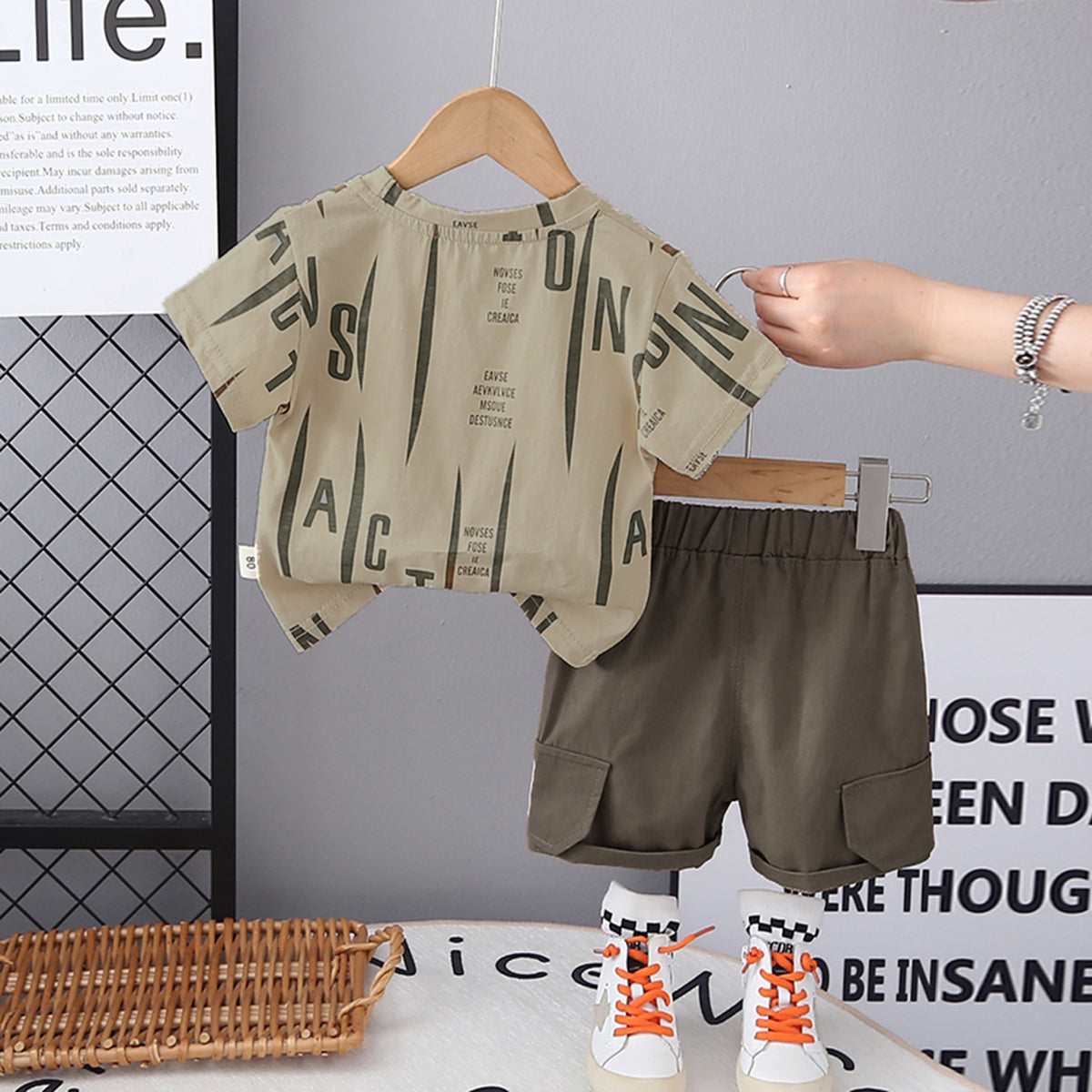 Boys Printed Short Sleeves Round Neck T-Shirt With Olive Green Shorts Set 2 pc. Sets
