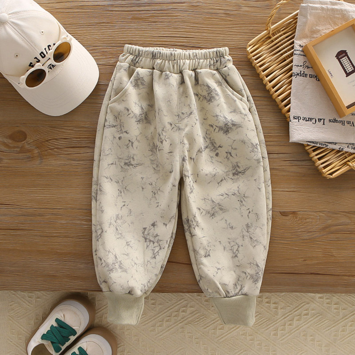 Boys Off White Abstract Printed Sweatshirt With Sling Bag and Pants Set Sets