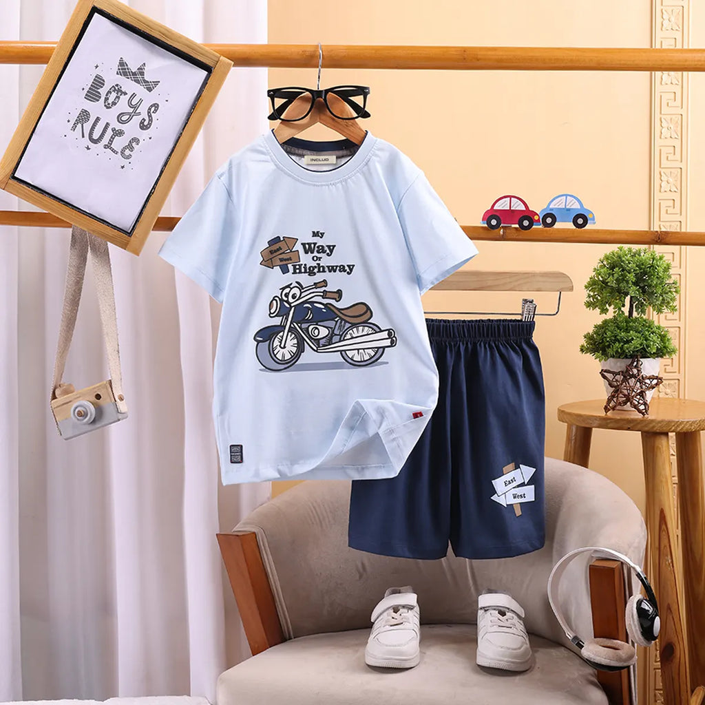Boys Blue Biker T-Shirt With Elasticated Shorts Sets 2 pc. Sets Blue 3-4 Y