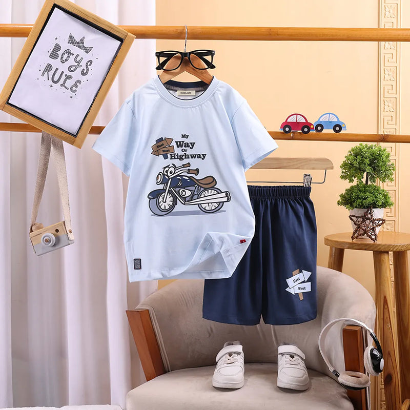 Boys Blue Biker T-Shirt With Elasticated Shorts Sets 2 pc. Sets Blue 3-4 Y