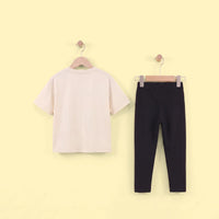 Girls Beige Typography Print T-Shirt With Legging Sets 2 pc. Sets