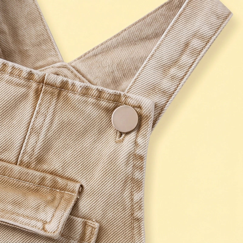 Girls Khaki Denim Bow Applique Dungaree Jumpsuits