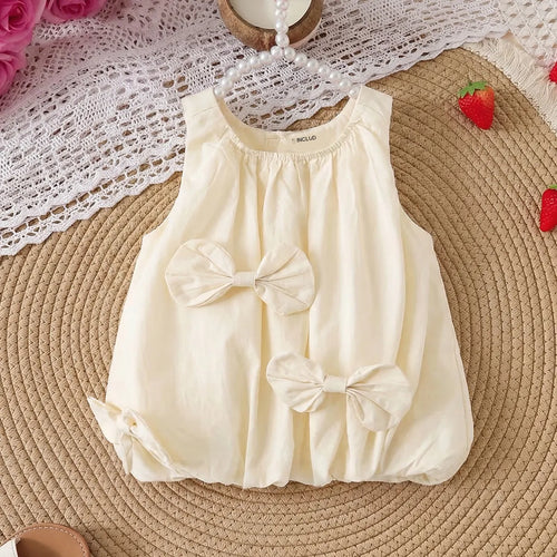 Girls Off White Solid Sleeveless Balloon Dress With Bow Details Casual Dresses Off White 1-2 Y