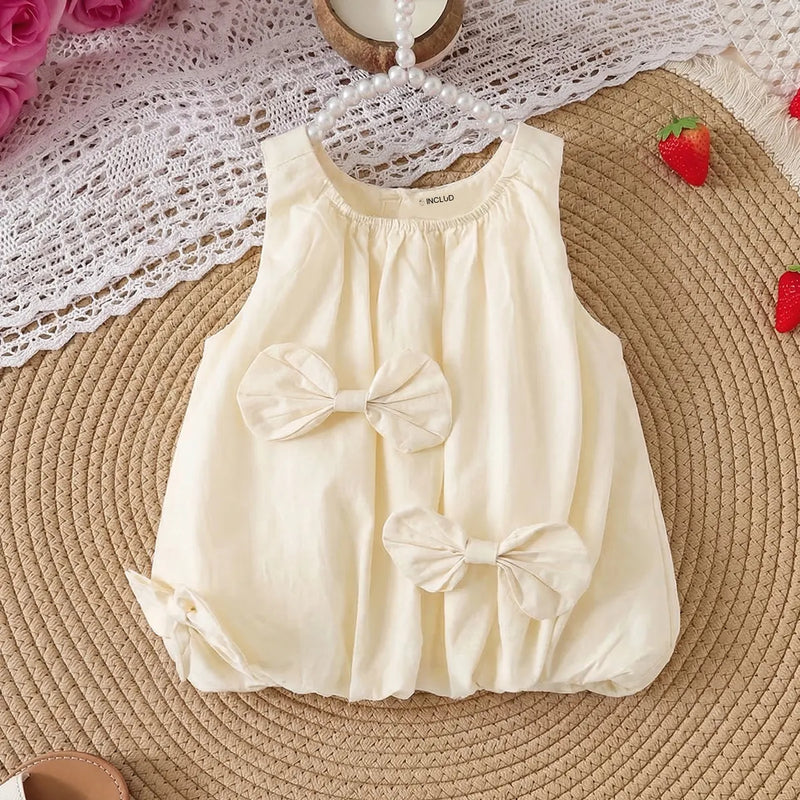 Girls Off White Solid Sleeveless Balloon Dress With Bow Details Casual Dresses Off White 1-2 Y