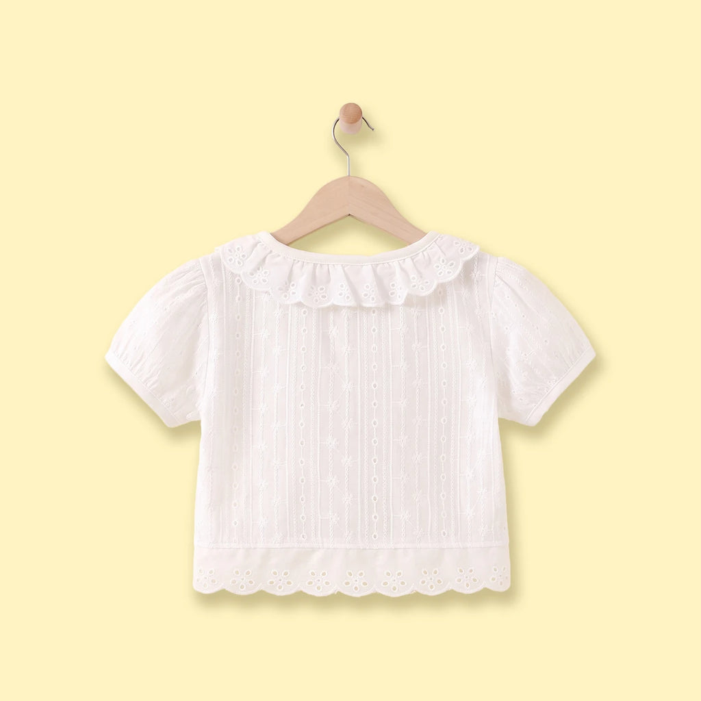 Girls White Schiffli Embroidered Short Sleeve Shrug Tops