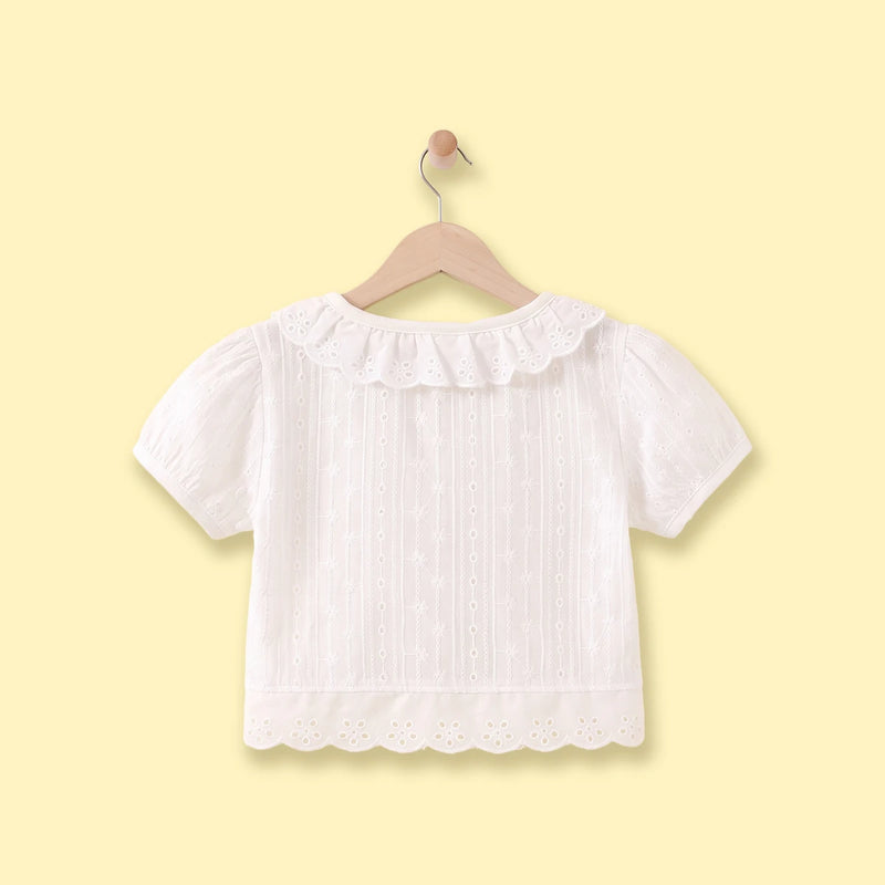 Girls White Schiffli Embroidered Short Sleeve Shrug Tops