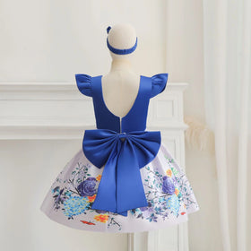 Girls Blue Floral Print Flutter Sleeve Fit & Flare Party Wear Dress Party Dresses