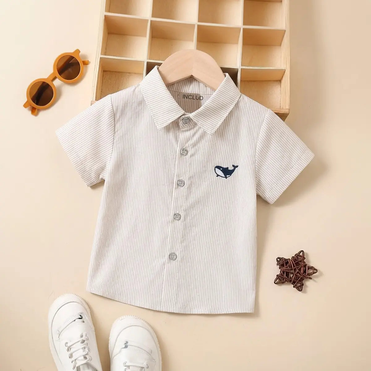 Boys Beige Striped Casual Shirt with Shark Embroidery Shirts Beige 1-2 Y
