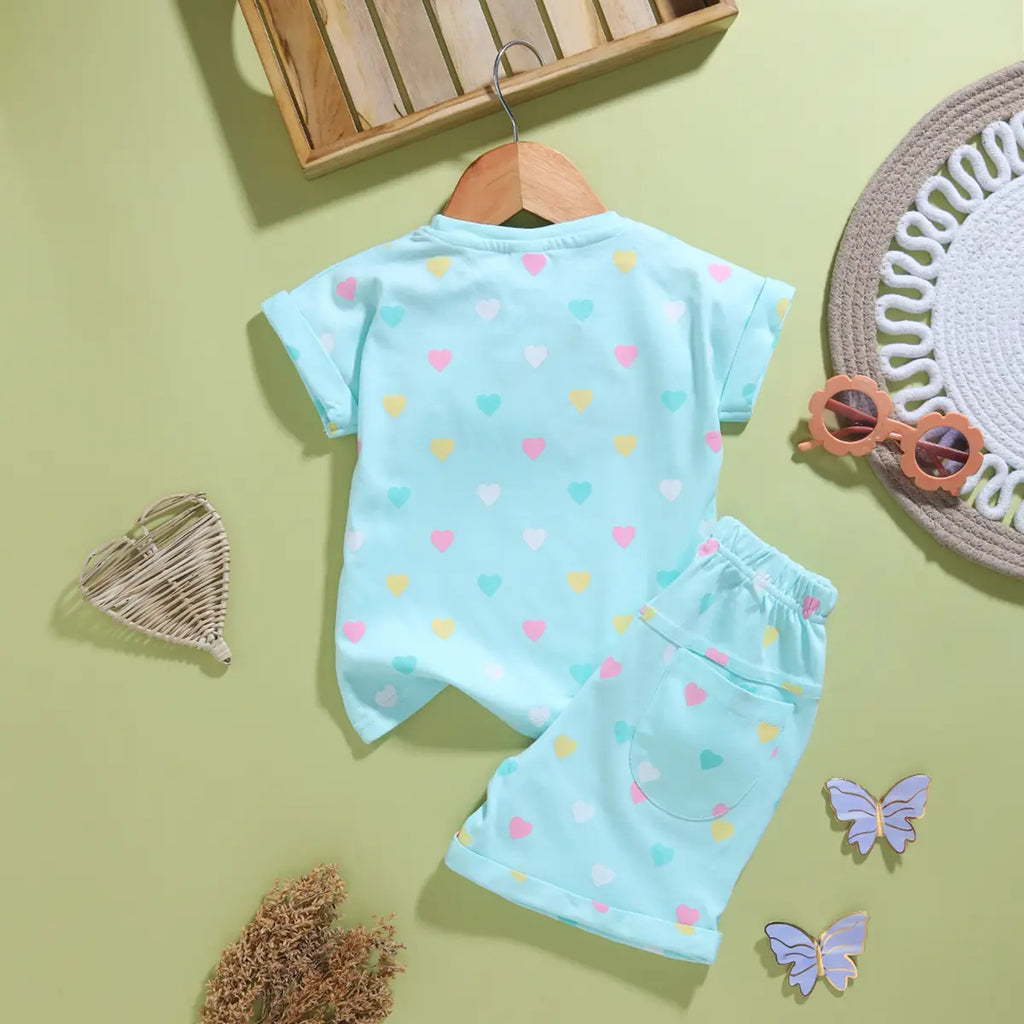 Girls Sky Blue Typographic Printed Short Sleeves T-Shirt With Shorts Sets Sets