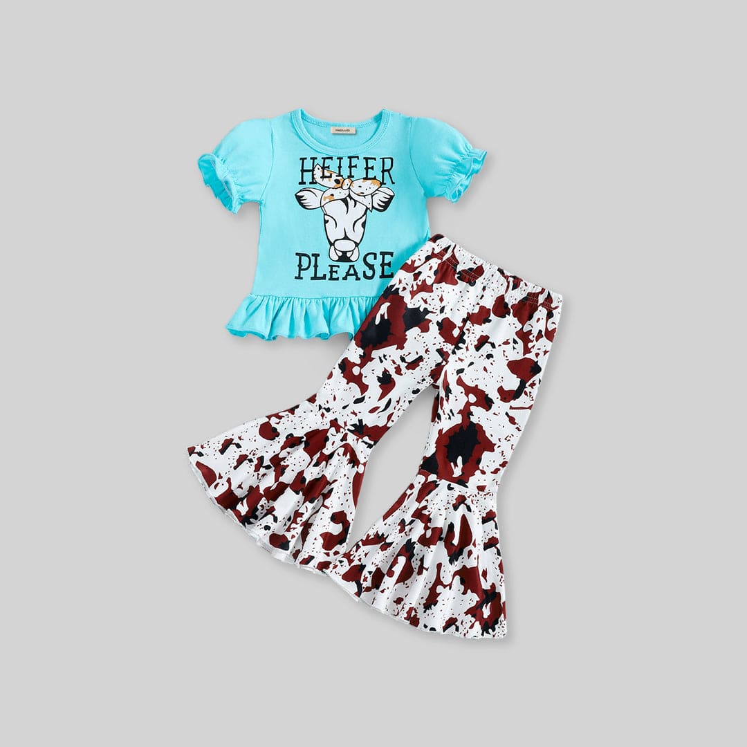 Girls Puff Sleeve Top With Printed Wide Leg Pants Sets   