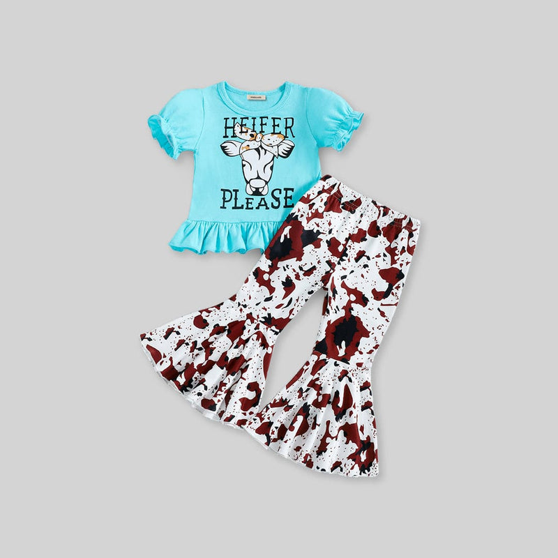 Girls Puff Sleeve Top With Printed Wide Leg Pants Sets   