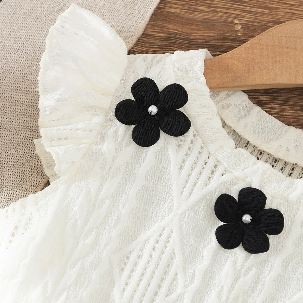 Girls White Flower Applique Flutter Sleeve Top With Skirt Sets 2 pc. Sets