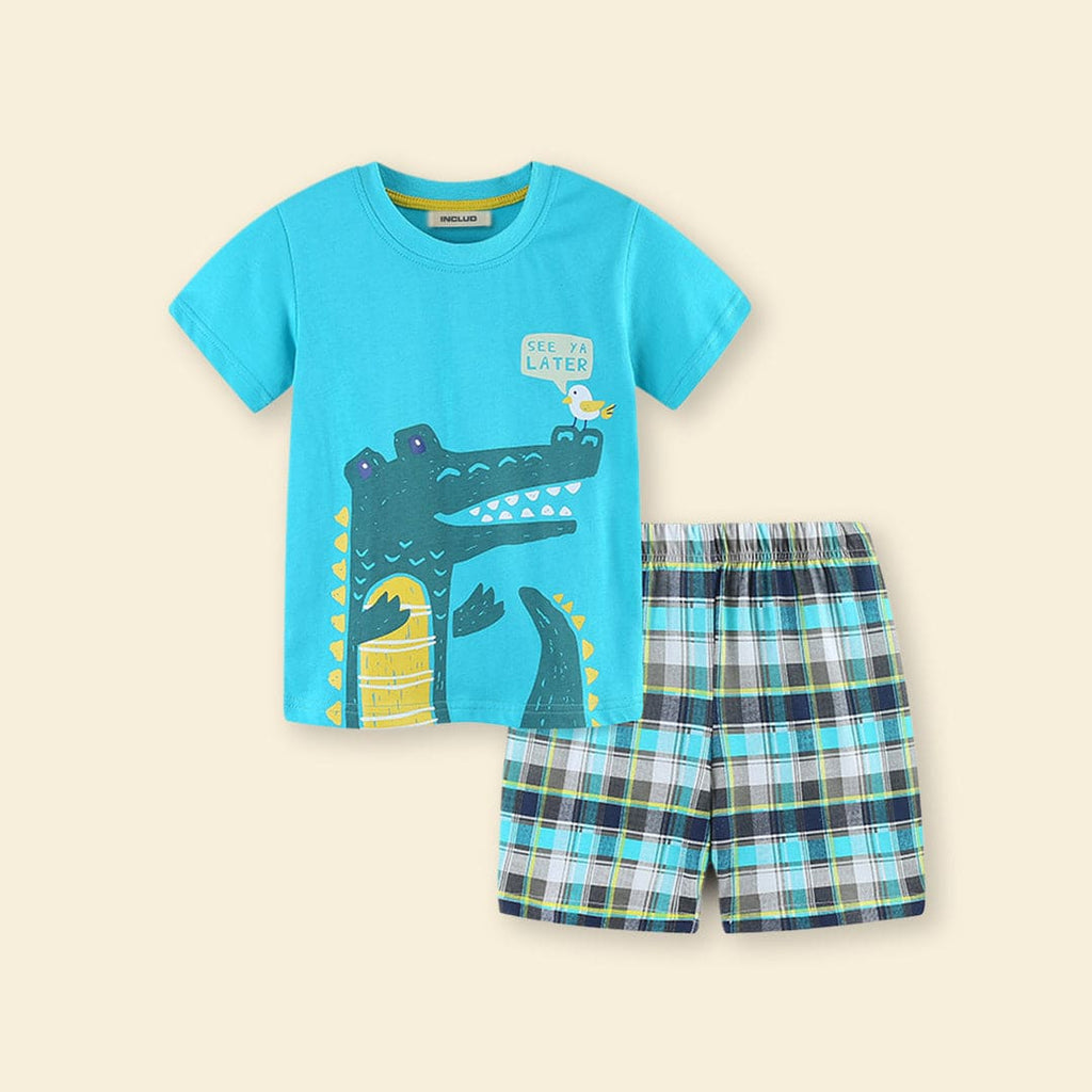 Boys Crocodile Print T-Shirt With Checkered Shorts Set