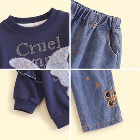 Girls Navy Butterfly Embellished Sweatshirt & Denim Pants Sets Sets