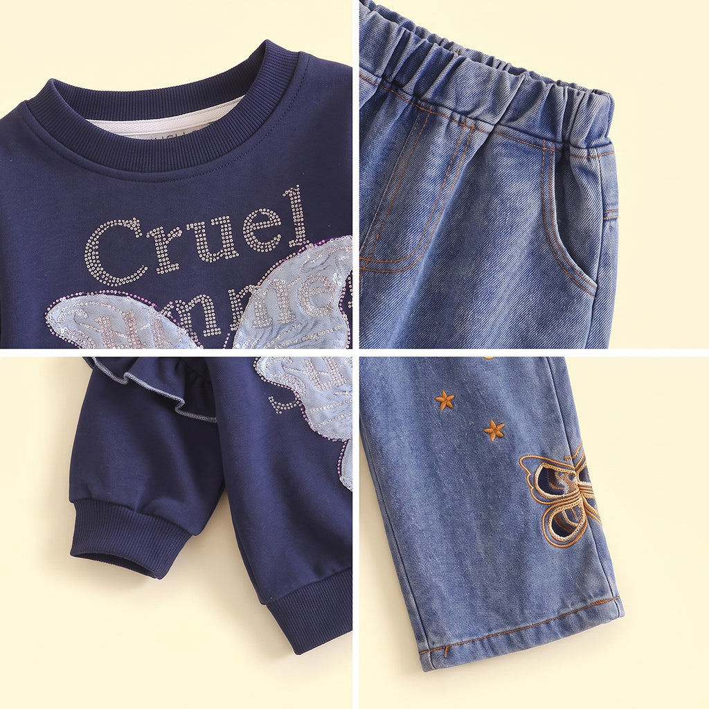 Girls Navy Butterfly Embellished Sweatshirt & Denim Pants Sets Sets