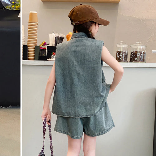 Girls Blue Sleeveless Denim Shirt With Shorts Sets 2 pc. Sets