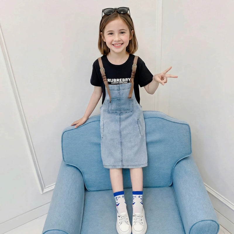 Girls Black Typographic Print Short Sleeve T-Shirt With Dungaree Sets 2 pc. Sets Black 3-4 Y