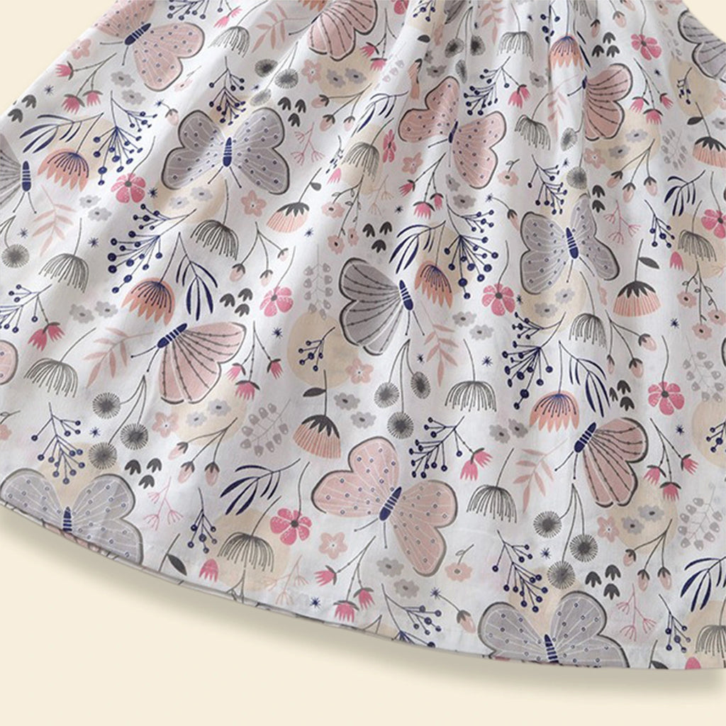 Girls Off White Butterfly Printed Round Neck A-line Dress Casual Dresses