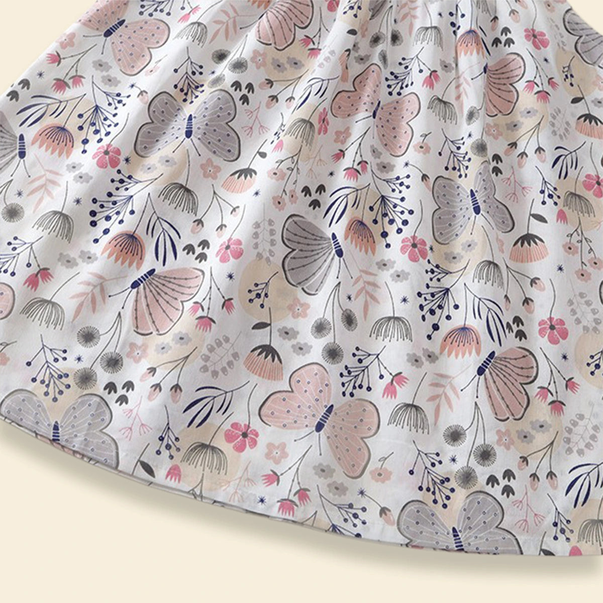 Girls Off White Butterfly Printed Round Neck A-line Dress Casual Dresses