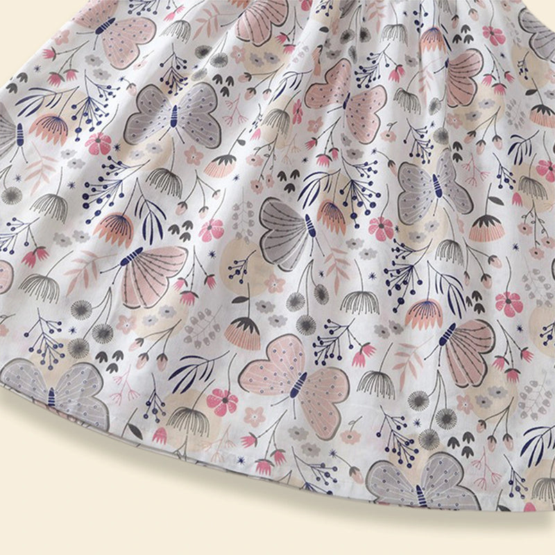 Girls Off White Butterfly Printed Round Neck A-line Dress Casual Dresses