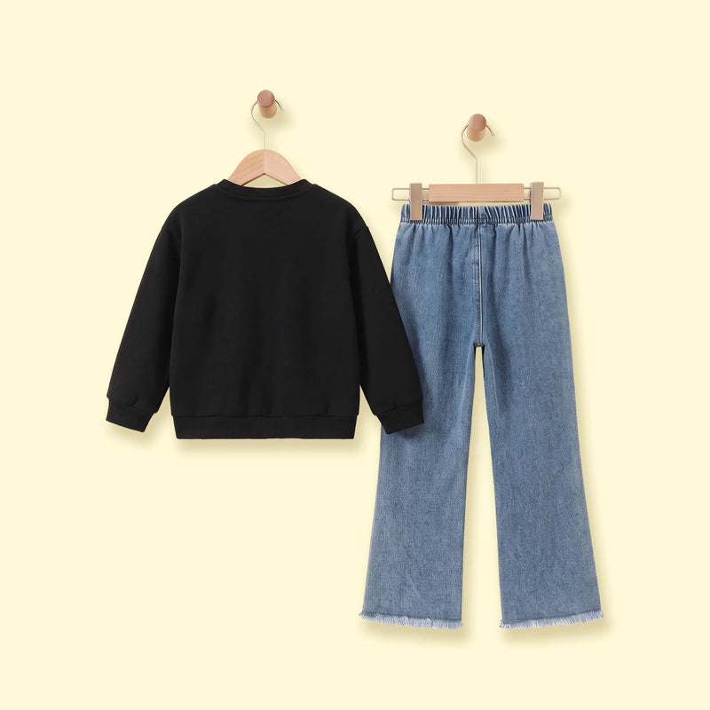 Girls Black Bow Applique Sweatshirt With Denim Pants Sets 2 pc. Sets
