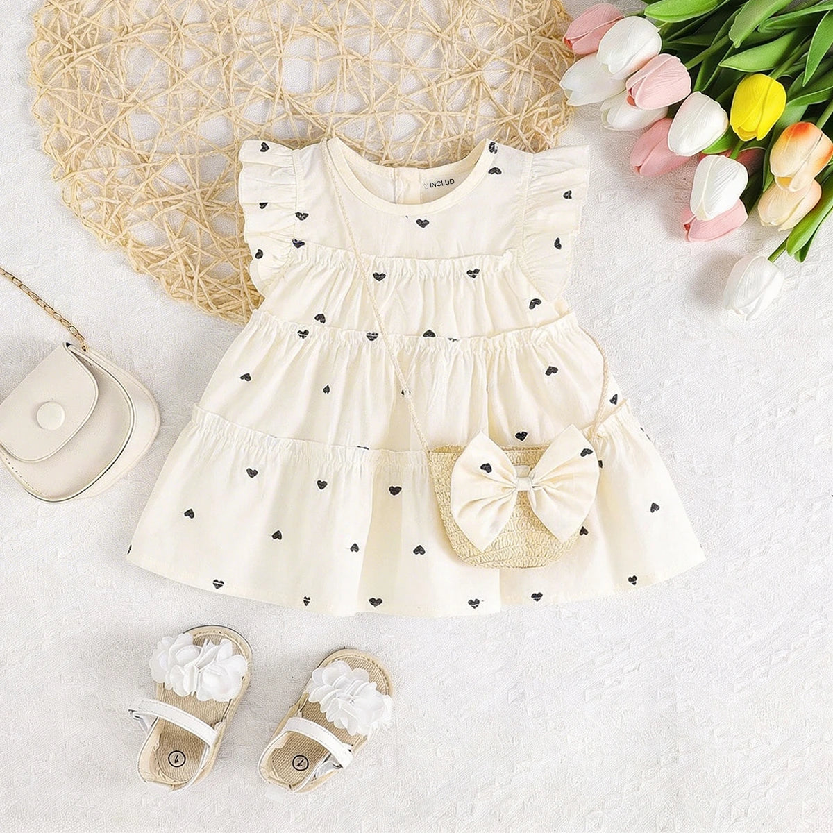 Girls Beige Heart Print Tiered A-Line Dress With Sling Bag Casual Dresses Beige 1-2 Y