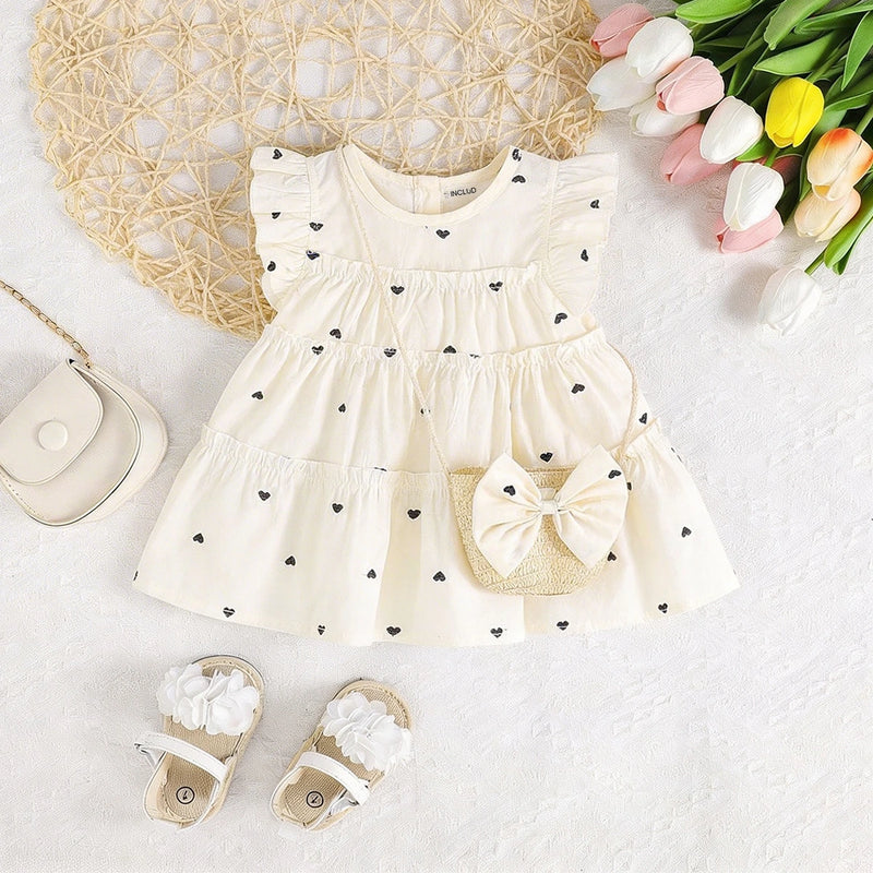 Girls Beige Heart Print Tiered A-Line Dress With Sling Bag Casual Dresses Beige 1-2 Y