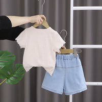 Girls Off White Short Sleeves Round Neck Top With Denim Shorts Set 2 pc. Sets