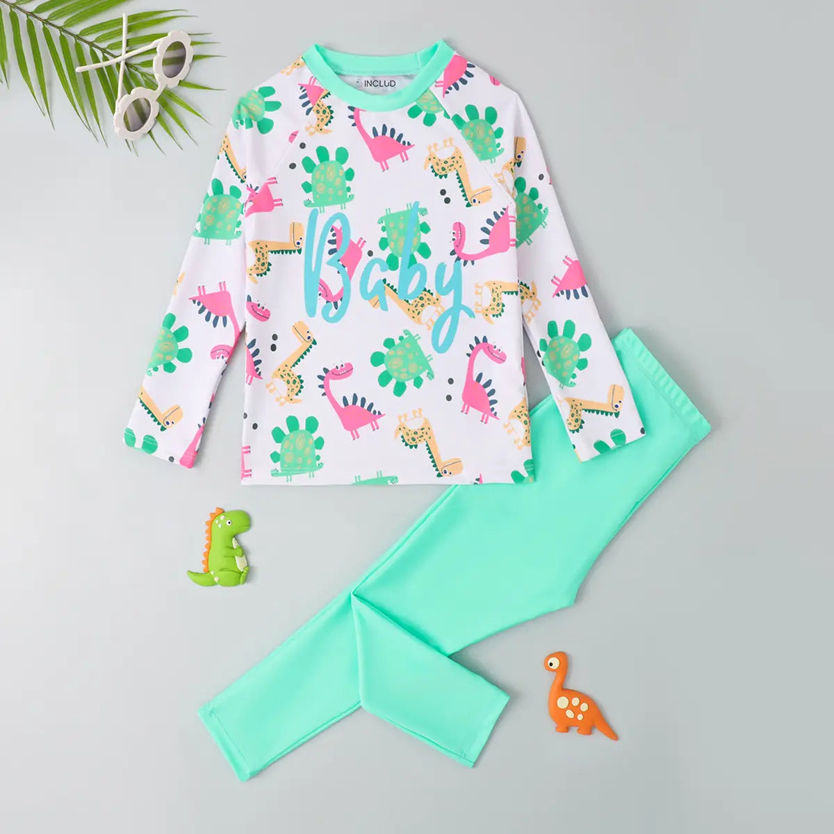 Boys Sea Green Animals Printed T-Shirt With Shorts Swimwear Sets Beachwear Sea Green 3-4 Y