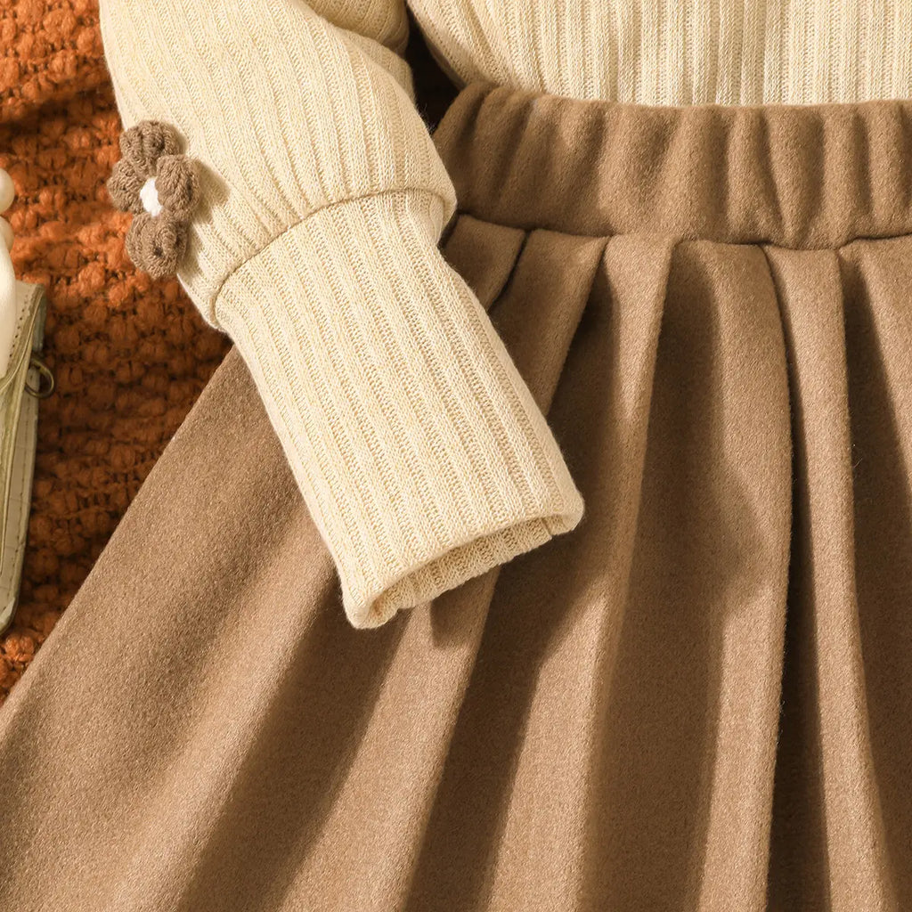 Girls Apricot Solid Top With Sleeveless Jacket & Pleated Skirt Sets Sets