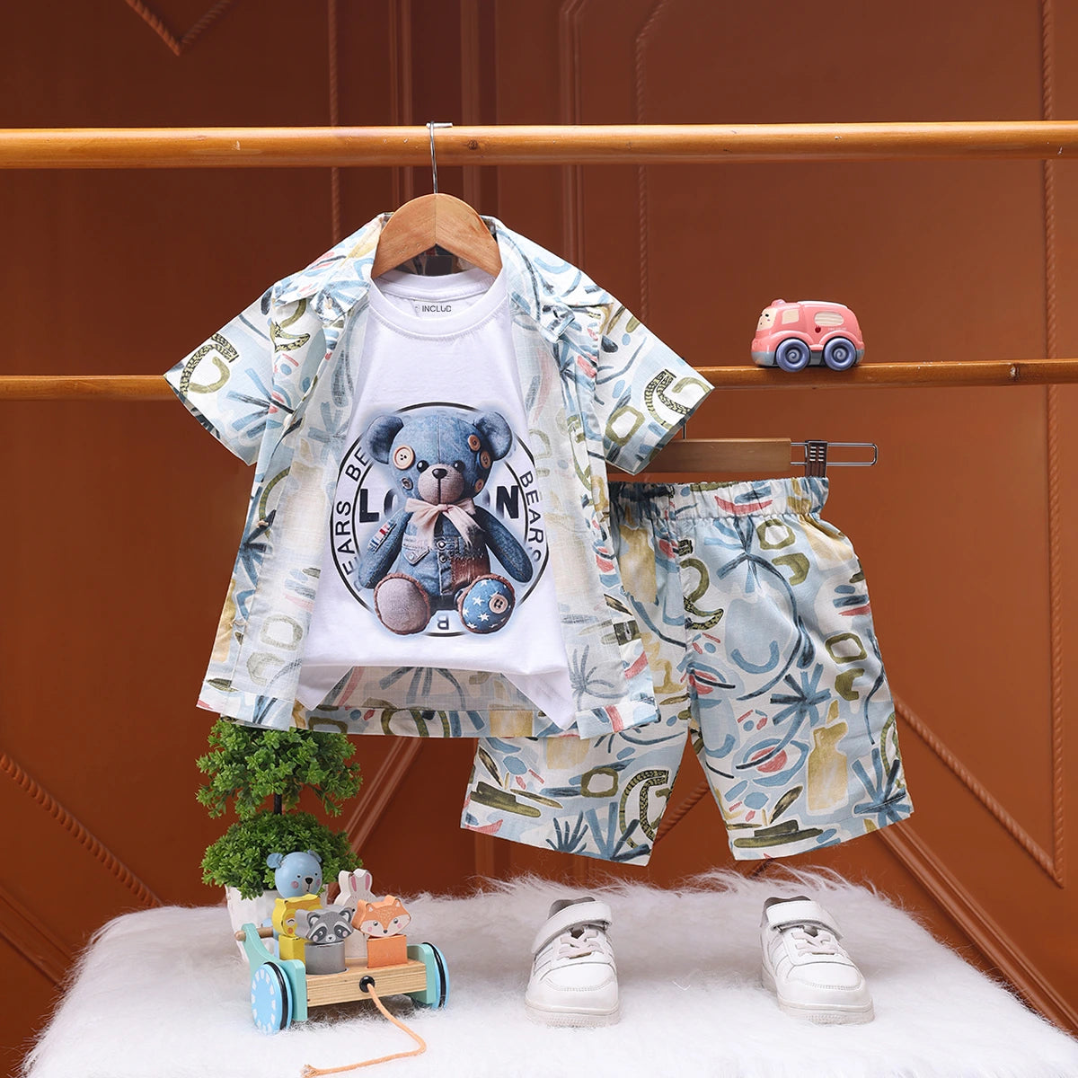 Boys White Abstract Print Short Sleeve Shirt With Graphic T-Shirt And Elasticated Shorts Sets 3 pc. Sets White 1-2 Y