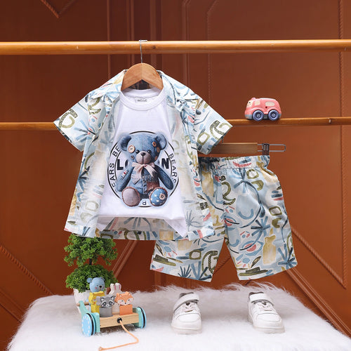 Boys White Abstract Print Short Sleeve Shirt With Graphic T-Shirt And Elasticated Shorts Sets 3 pc. Sets White 1-2 Y