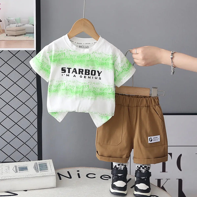 Boys Light Green Graphic Print T-Shirt With Shorts Sets Sets Light Green 1-2 Y