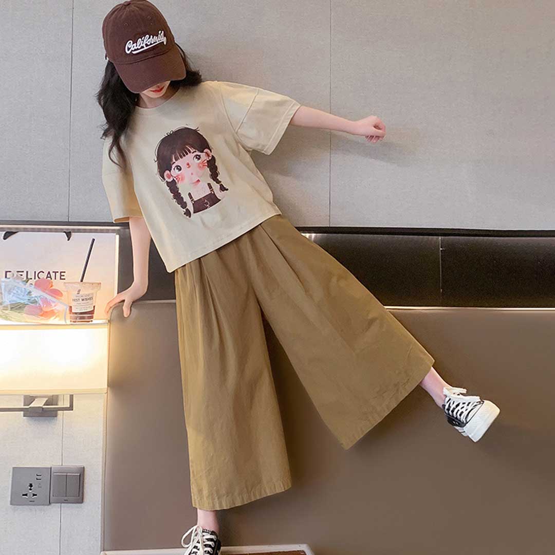Girls Short Sleeve Graphic T-Shirt With Wide Leg Pants Set Sets   