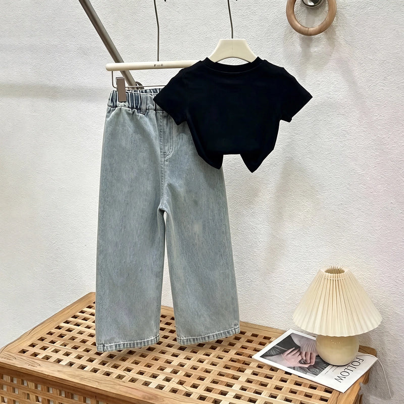 Girls Black Bow Print Short Sleeve T-Shirt With Denim Jeans Sets 2 pc. Sets