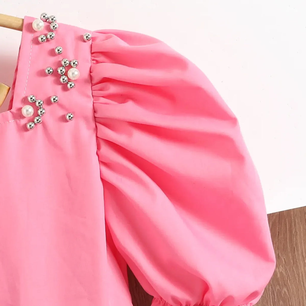 Girls Pink Embellished Puff Sleeve Tiered Dress Casual Dresses