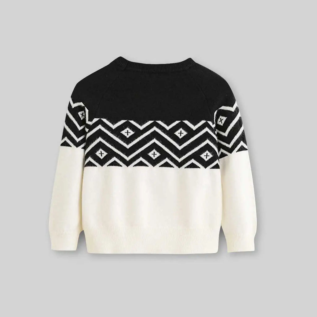 Boys Off White Sweater With Self-Design Retro Splicing Patterns Sweaters & Cardigans
