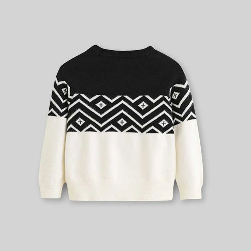 Boys Off White Sweater With Self-Design Retro Splicing Patterns Sweaters & Cardigans