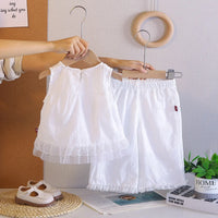 Girls White Schiffli Sleeveless Top With Pants Co-ord Sets Sets