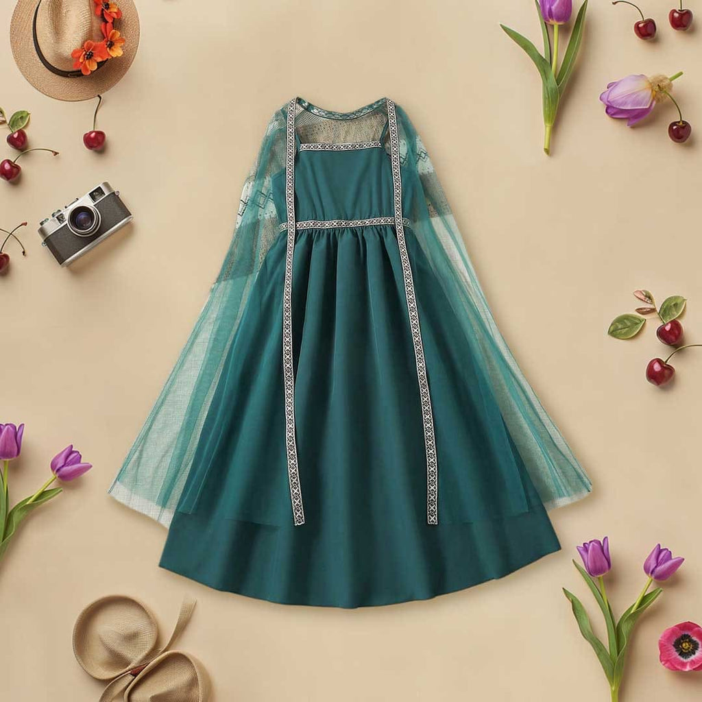Girls Sleeveless Flared Gown With Tulle Cape