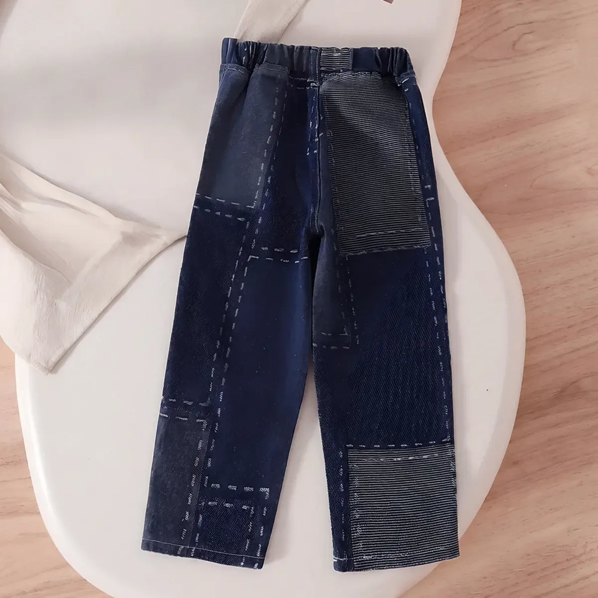 Girls Dark Blue Patchwork Style Denim Pants Jeans