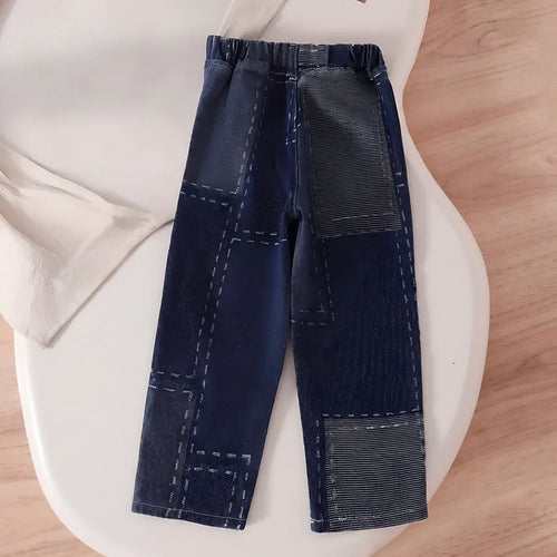 Girls Dark Blue Patchwork Style Denim Pants Jeans