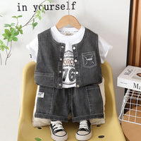 Boys Black Denim Sleeveless Vest & Shorts With Printed T-Shirt Sets Sets Black 1-2 Y