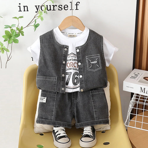 Boys Black Denim Sleeveless Vest & Shorts With Printed T-Shirt Sets Sets Black 1-2 Y
