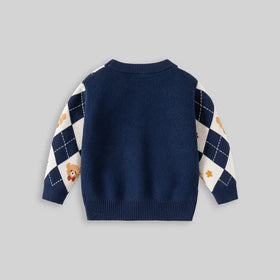 Boys Navy Blue Self-Design Triangle Patterns Knitted Sweater Sweaters & Cardigans