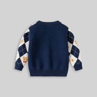 Boys Navy Blue Self-Design Triangle Patterns Knitted Sweater Sweaters & Cardigans