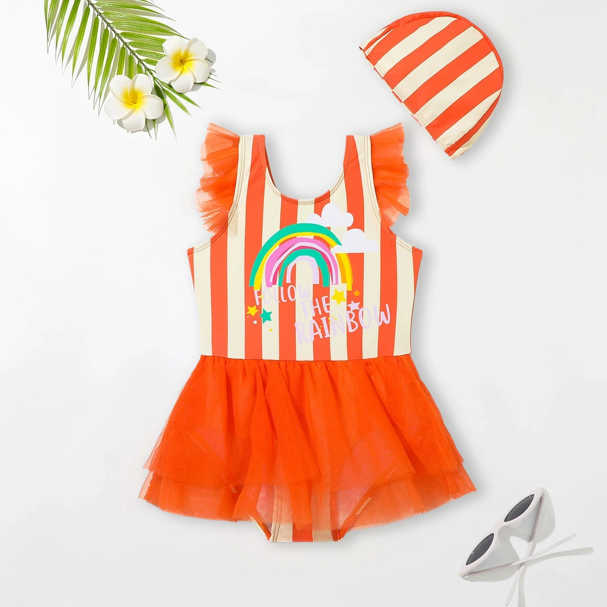 Girls Orange Stripes Tulle Overlay Swimwear Bodysuit With Cap Beachwear Orange 3-4 Y