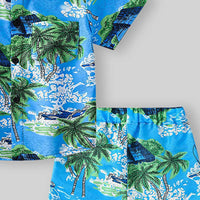 Boys Green Tropical Print Button-Down Shirt With Shorts & Hat Co-ord Sets Sets