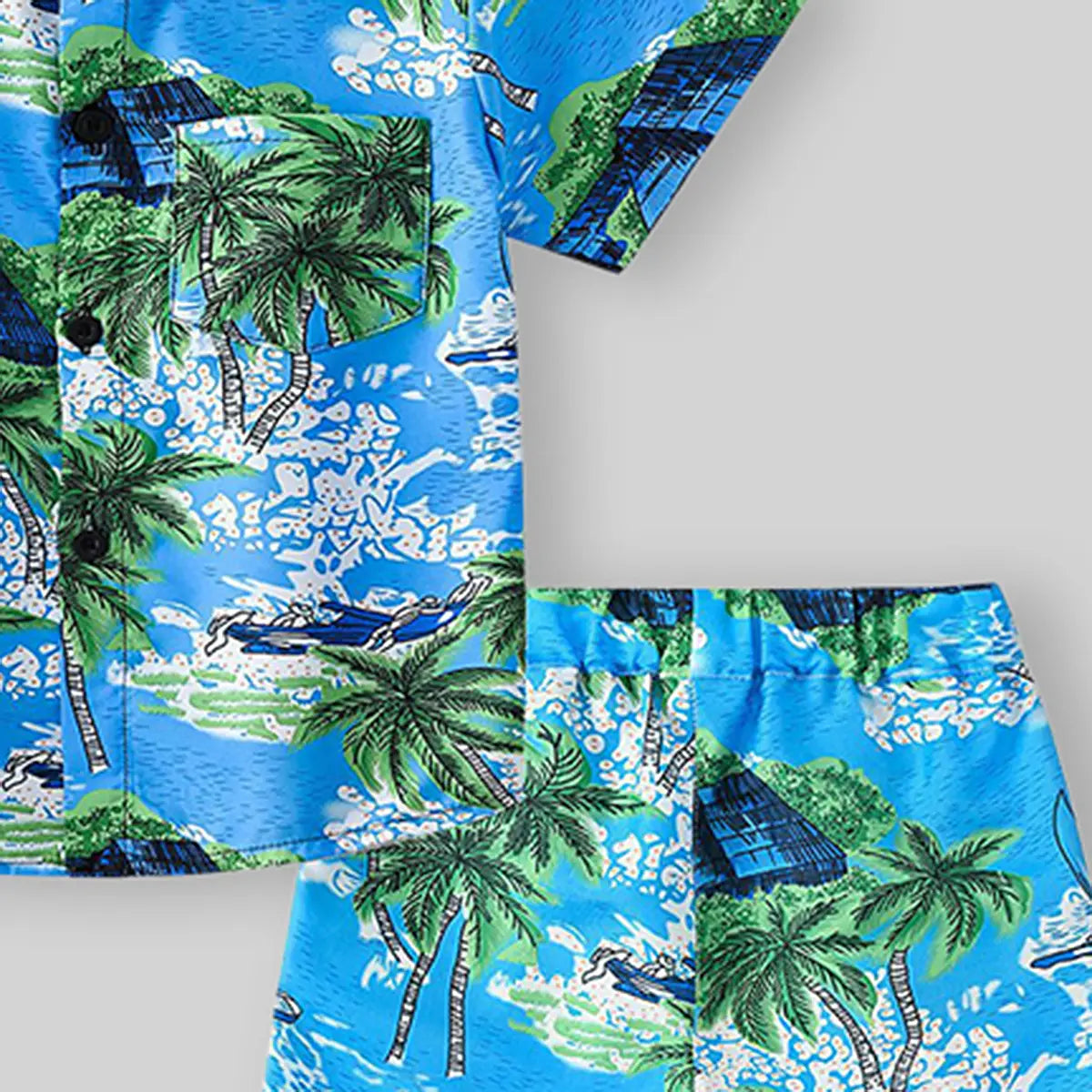 Boys Green Tropical Print Button-Down Shirt With Shorts & Hat Co-ord Sets Sets