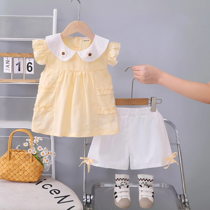 Girls Yellow Flower Applique Ruffle Top With Shorts Set Sets Yellow 1-2 Y